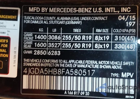 2015 Mercedes-Benz Ml 350 4Matic z USA, uszkodzony, nr VIN 4JGDA5HB8FA580517